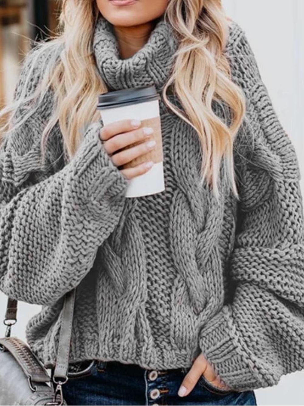 Vici Grey Cable Knit Chunky Turtleneck Sweater
